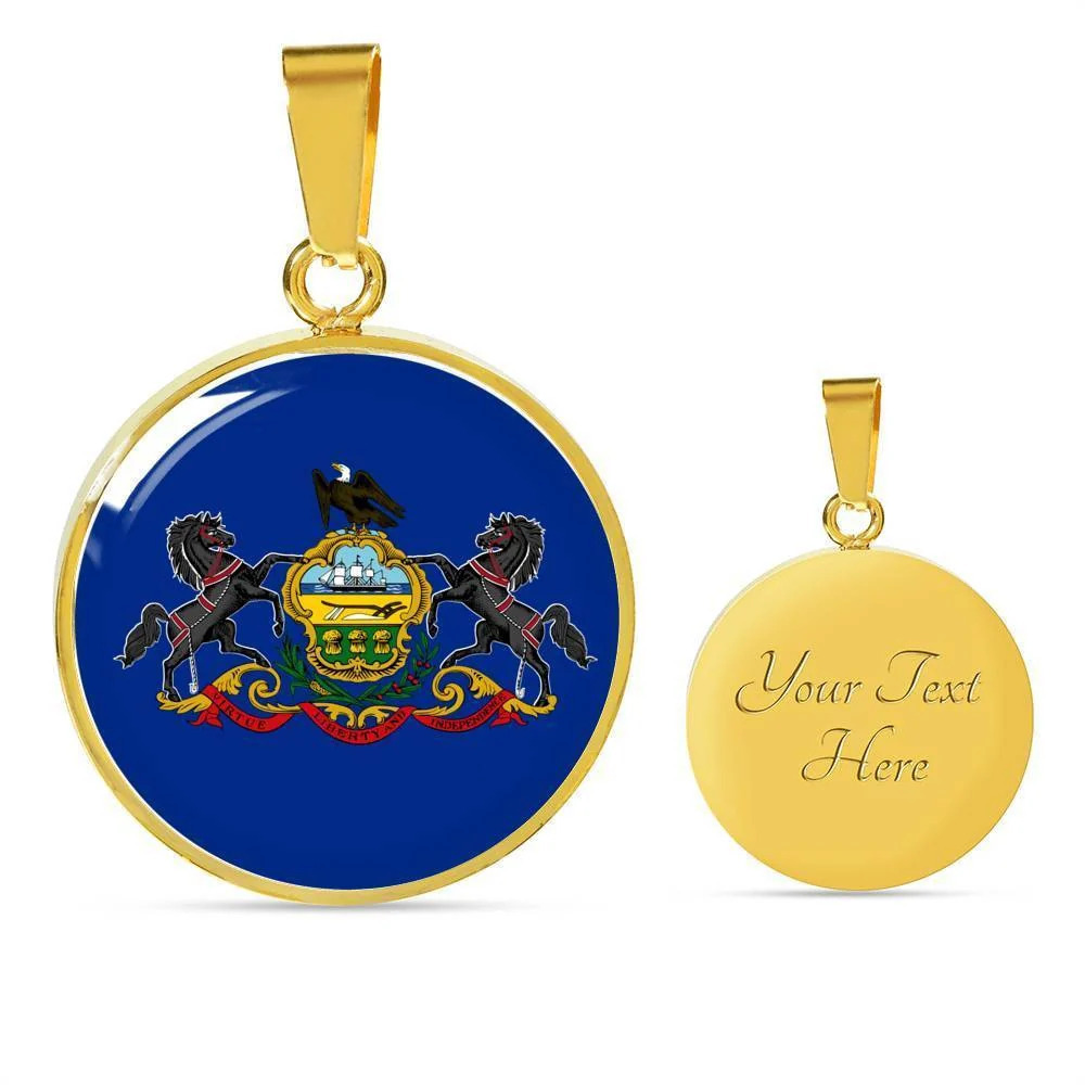 Pennsylvania State Flag Personalized Engraved Gold Circle Necklace Custom Name